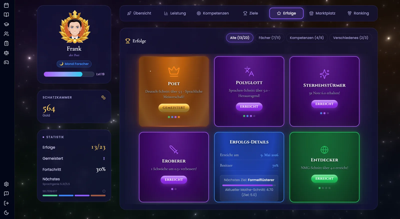 Schüler-Dashboard Erfolge-Tab mit Hover-Effekt — Erfolgskarte gedreht, zeigt Bedingung auf der Rückseite