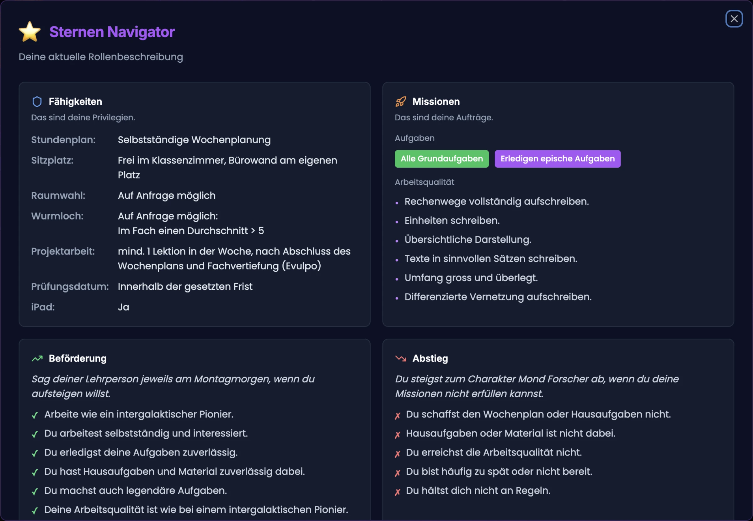 Niveau-Karte Sternen Navigator in TeacherOrg — Privilegien, Missionen, Beförderung und Abstieg aus Kindersicht