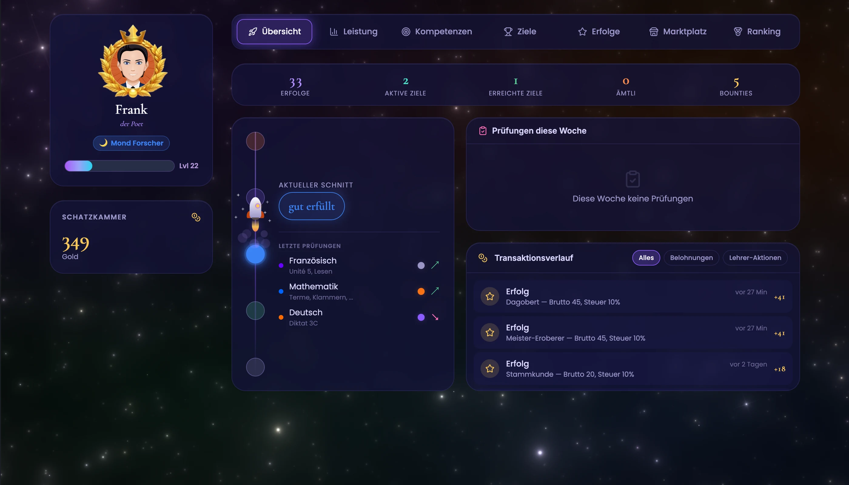 Schüler-Dashboard Übersicht-Tab in TeacherOrg — Rakete auf der Prädikat-Skala links, anstehende Prüfungen und Gold-Transaktionen rechts