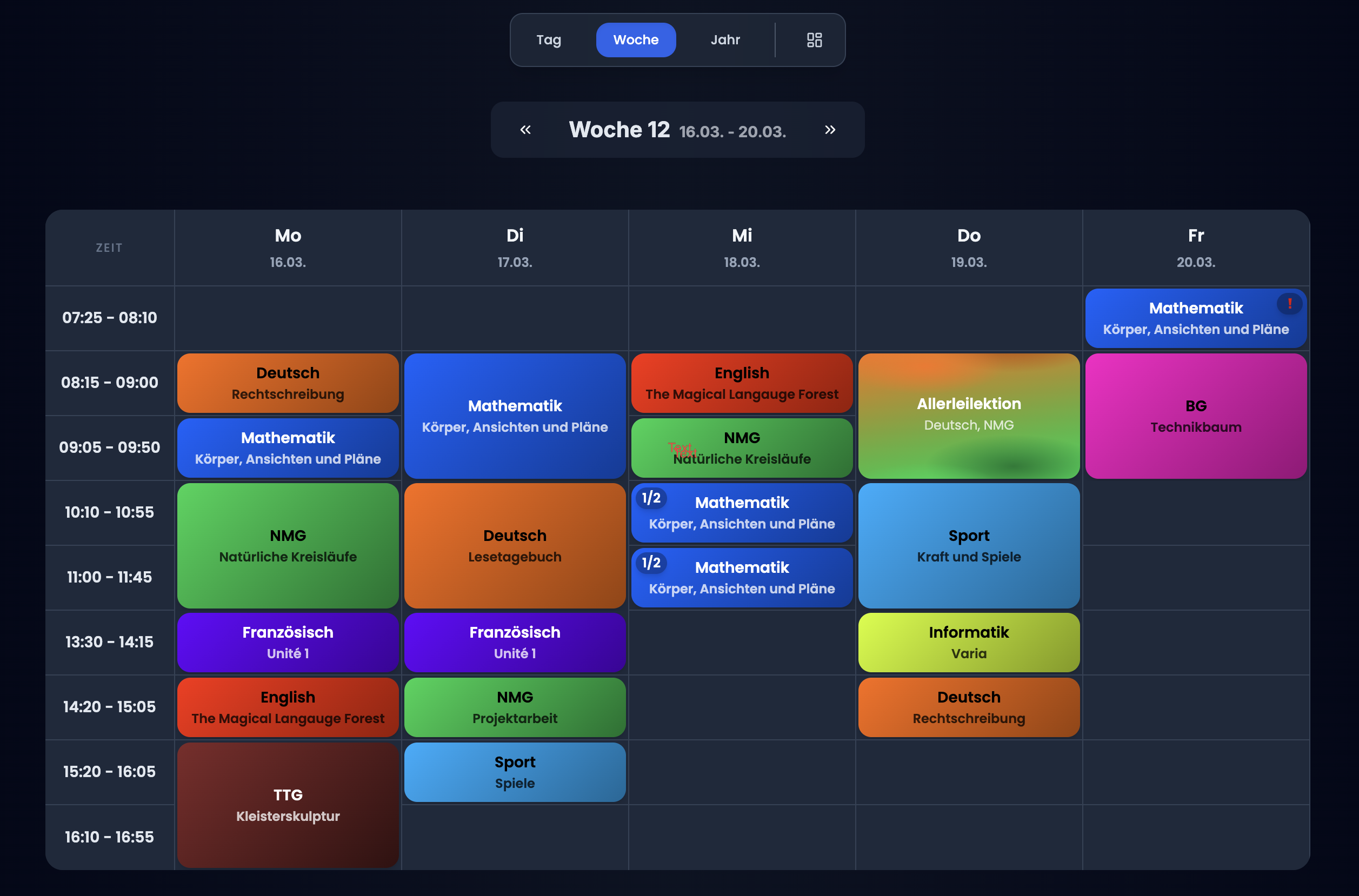 Wöchentlicher Stundenplan in TeacherOrg mit farbigen Fächern und Raumzuweisungen
