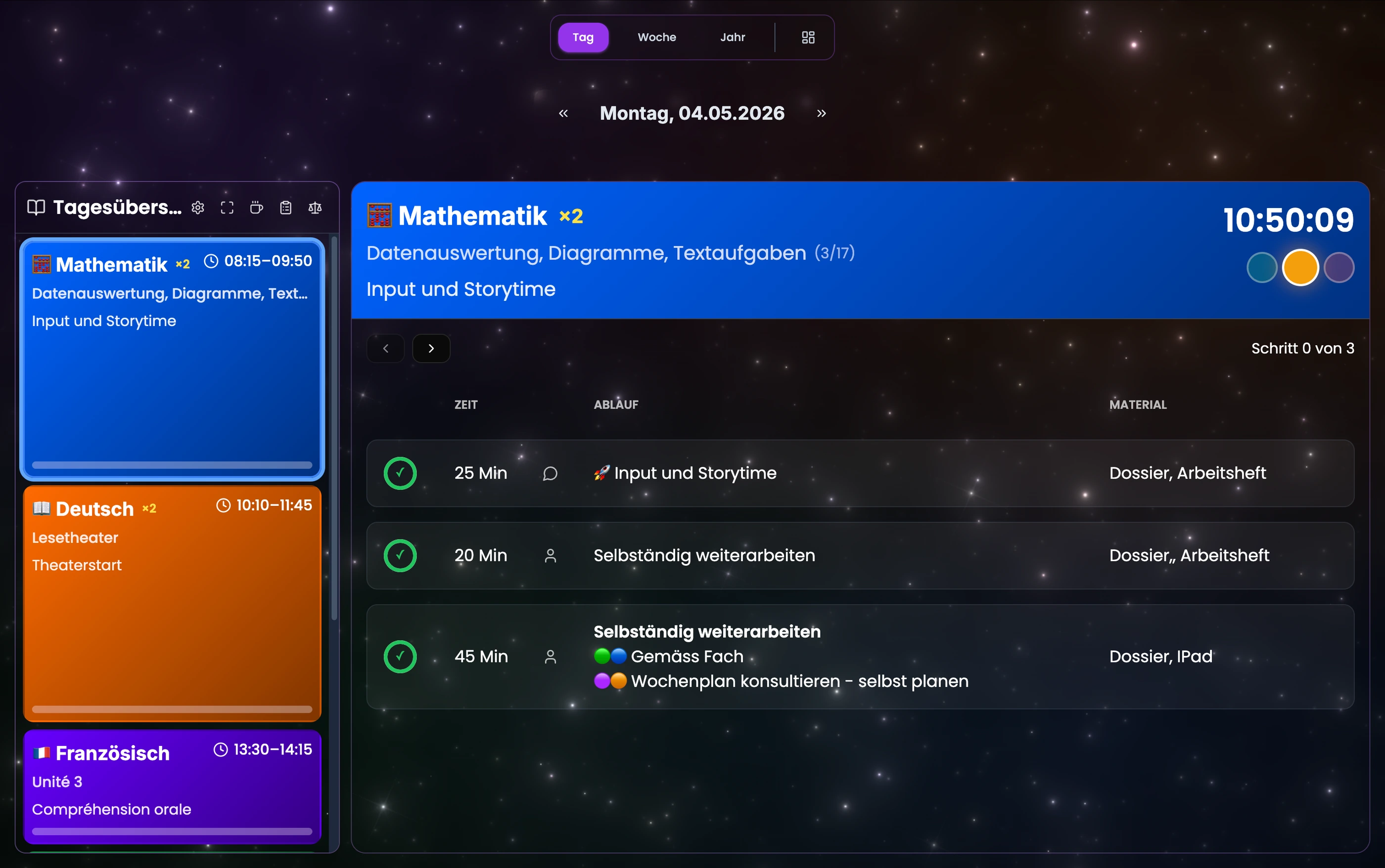 Tagesansicht in TeacherOrg — Beamer-View mit Lektionsphasen, Zeit, Material und Sozialform