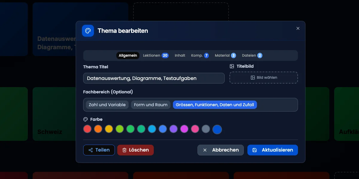 TopicModal in TeacherOrg — Themen-Detail mit Lernzielen, Materialien, Cover-Bild und Beschreibung