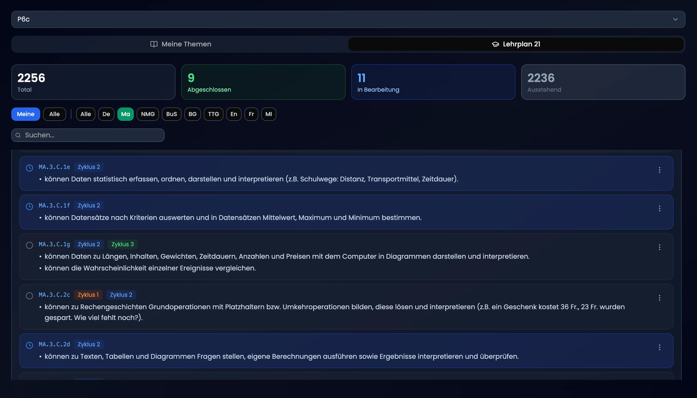 Lehrplan-21-Kompetenzbaum in TeacherOrg mit Filter und Status-Anzeige pro Kompetenz
