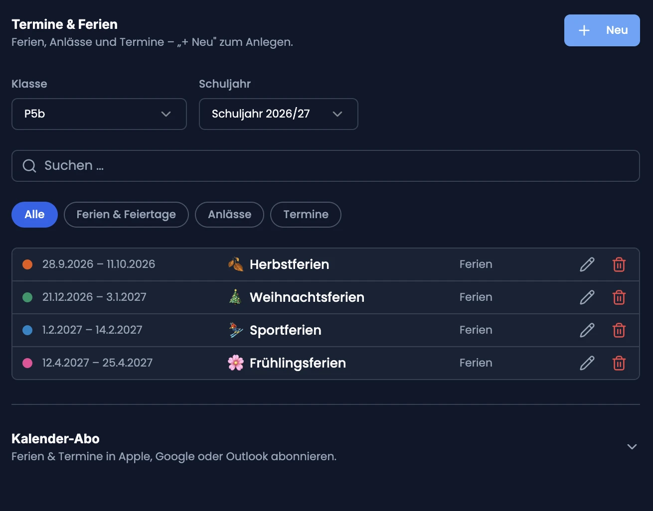 Tab «Termine & Ferien» mit Klassenwahl, Filter-Pillen, Ferienliste und Kalender-Abo