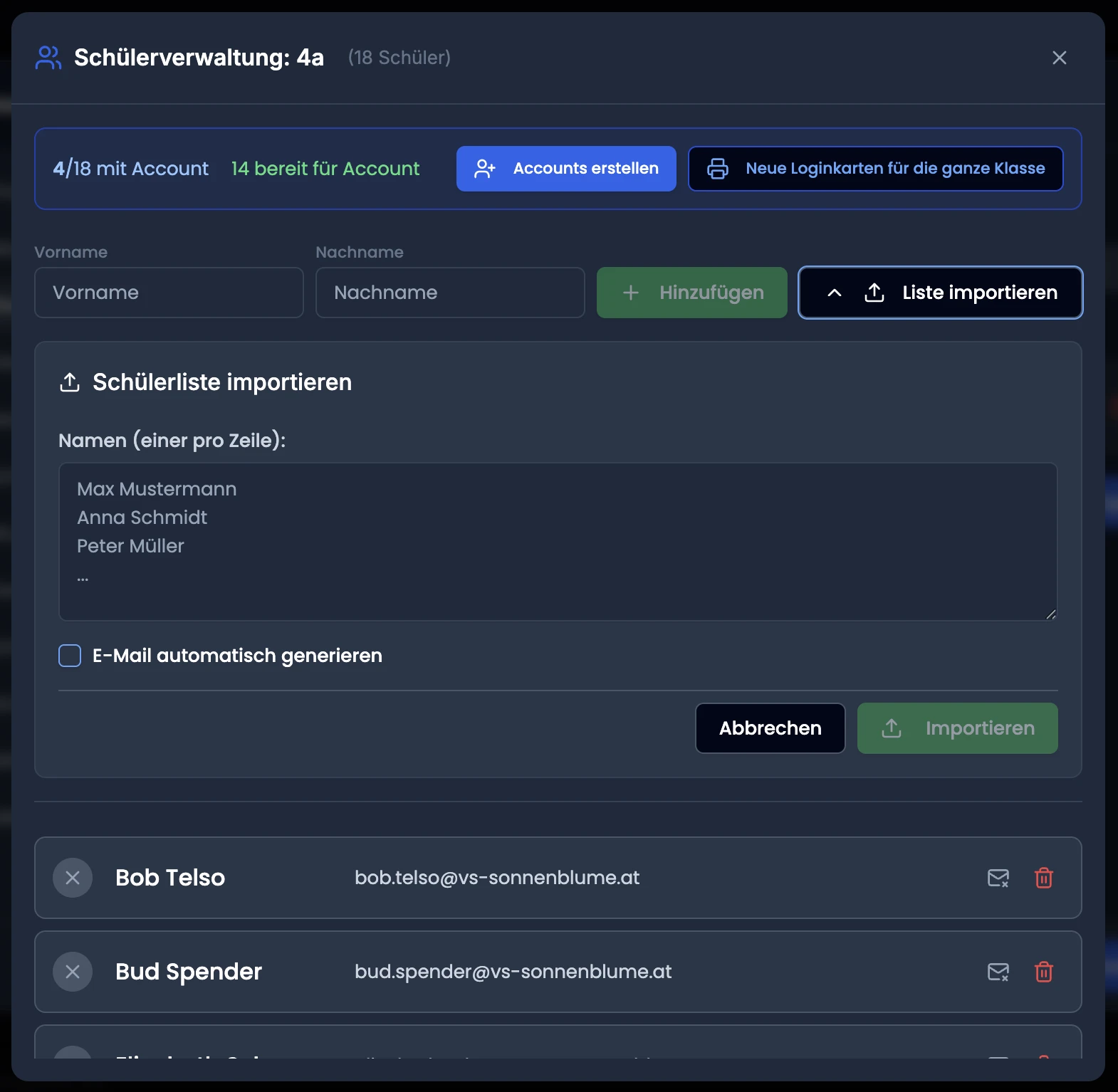 Schülerliste importieren — Namen zeilenweise, optionale E-Mail-Generierung