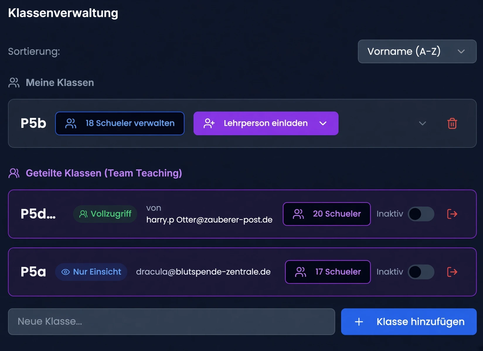 Klassenverwaltung — «Meine Klassen», geteilte Team-Teaching-Klassen, Sortierung und «Klasse hinzufügen»