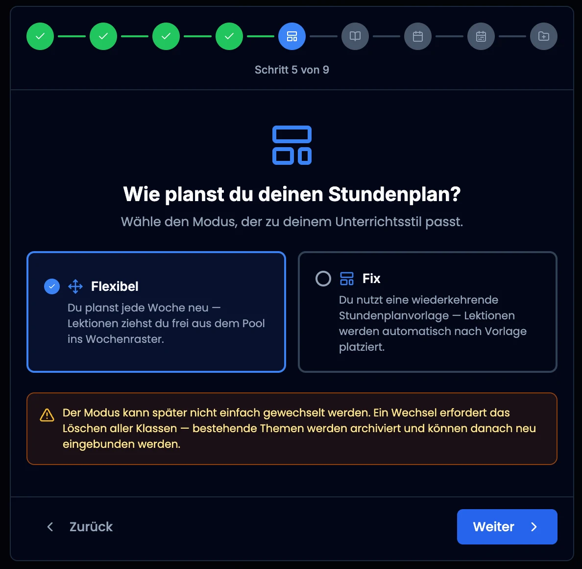 Auswahl zwischen flexiblem und fixem Stundenplan im Einrichtungsassistenten