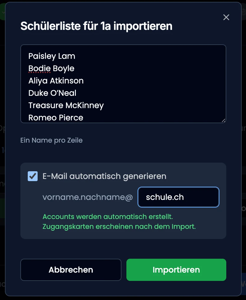Import-Dialog mit eingefügter Namensliste und automatisch erzeugten E-Mail-Adressen