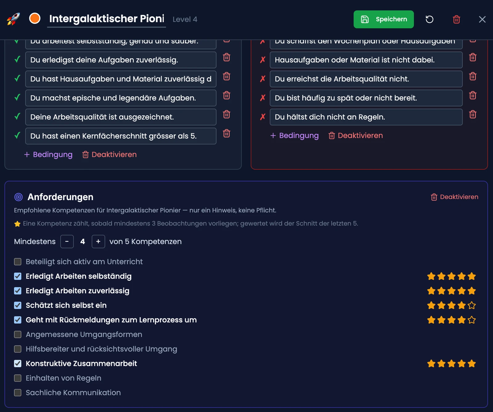 Niveau-Fenster im Bearbeiten-Modus mit Anforderungsprofil: Kompetenzen, Mindest-Sterne und x-von-y-Regel
