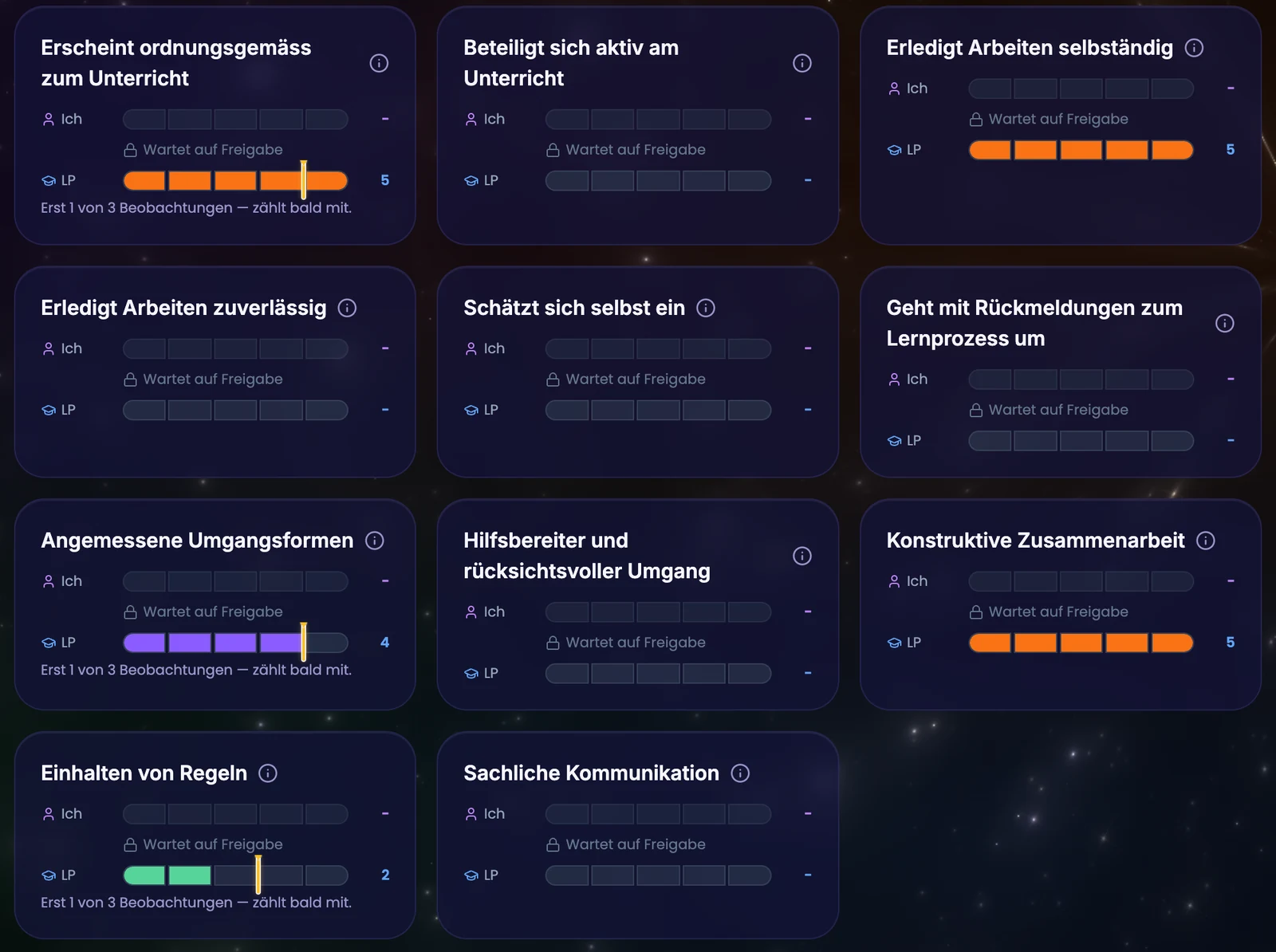 Kompetenzen-Ansicht im Schüler-Dashboard mit Ziel-Pins auf den Kompetenz-Balken
