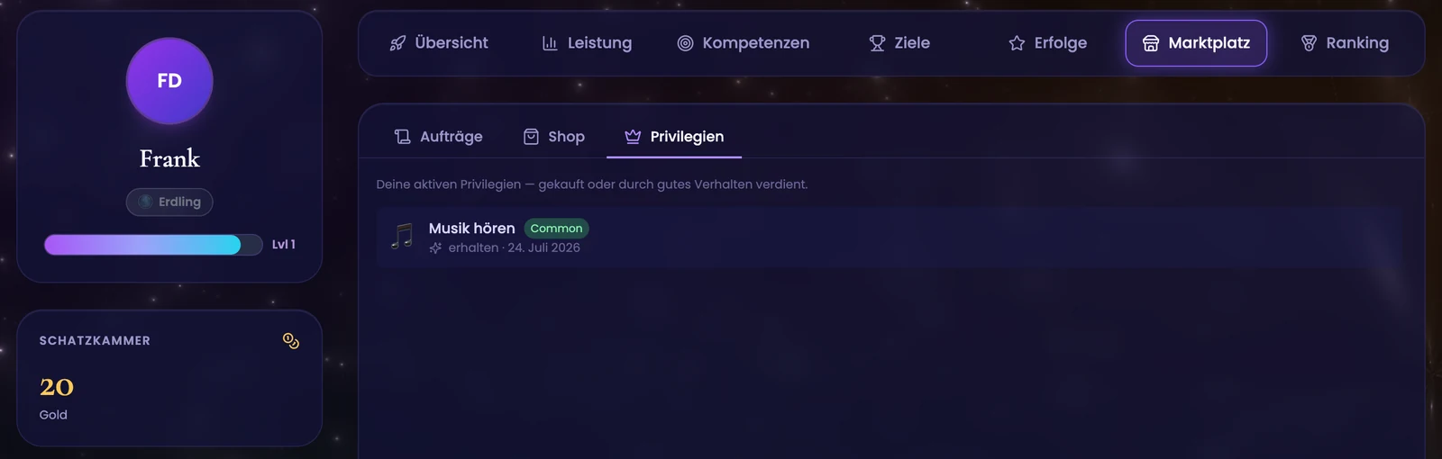 Unterreiter «Meine Privilegien» im Schüler-Dashboard mit Quelle und Datum je Privileg
