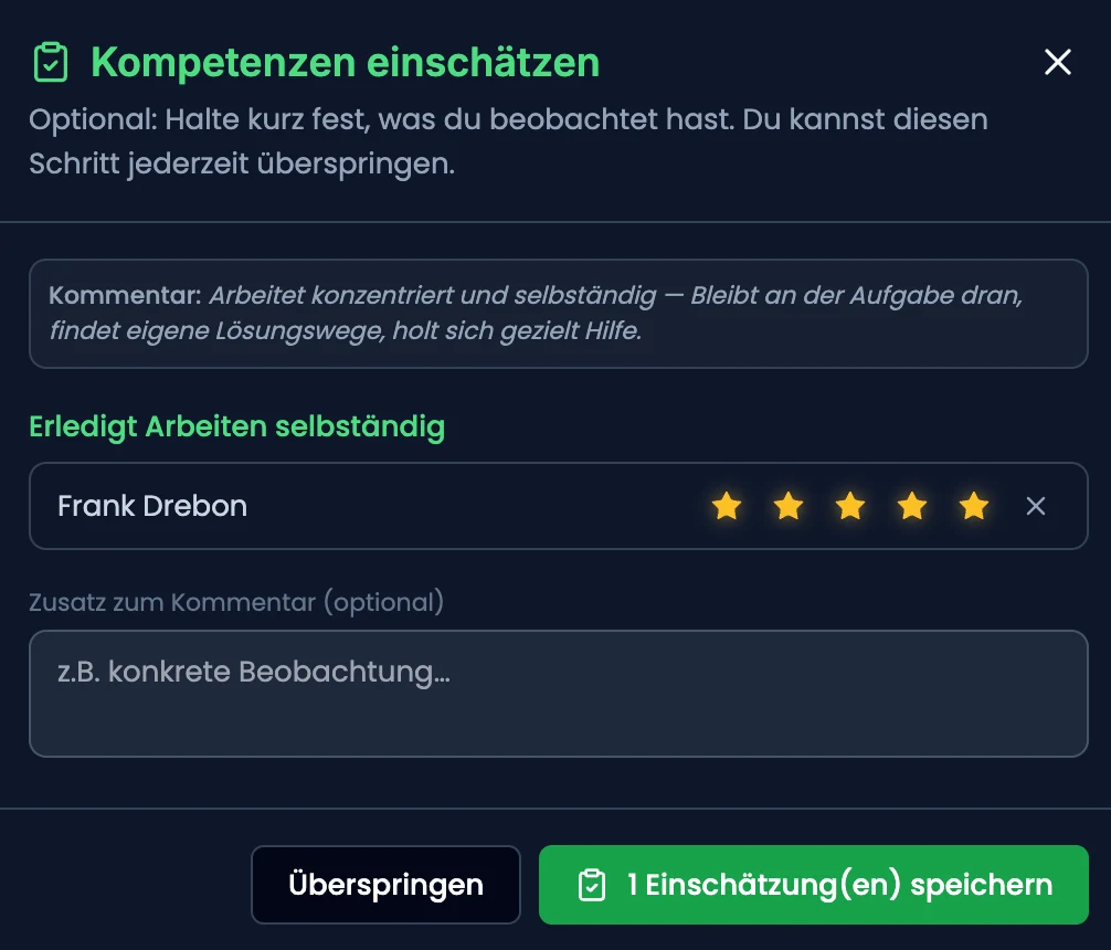 Dialog «Kompetenzen einschätzen» mit Sterne-Reihe nach einer Bonus-Vergabe