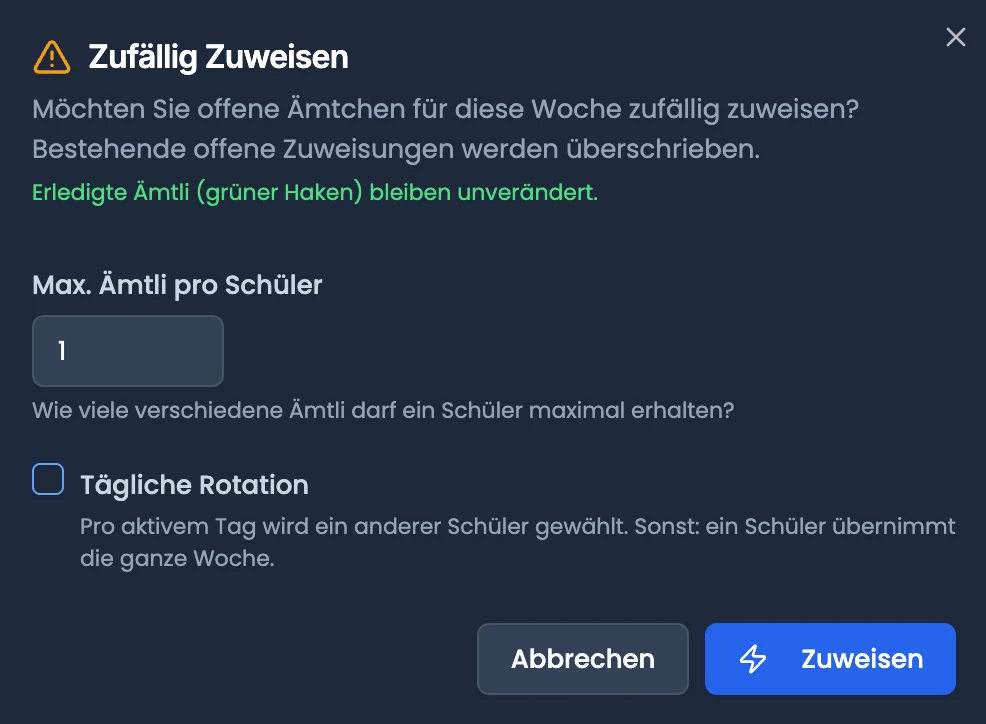 Dialog «Zufällig zuweisen» mit Feld für die maximale Ämtli-Zahl pro Kind