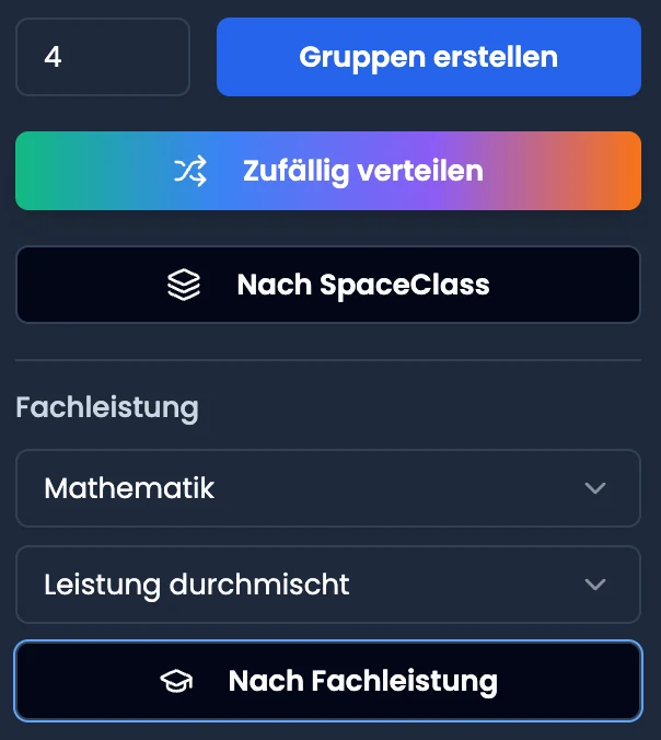 Steuerungs-Panel mit dem Button «Nach SpaceClass» und der Sektion «Fachleistung»