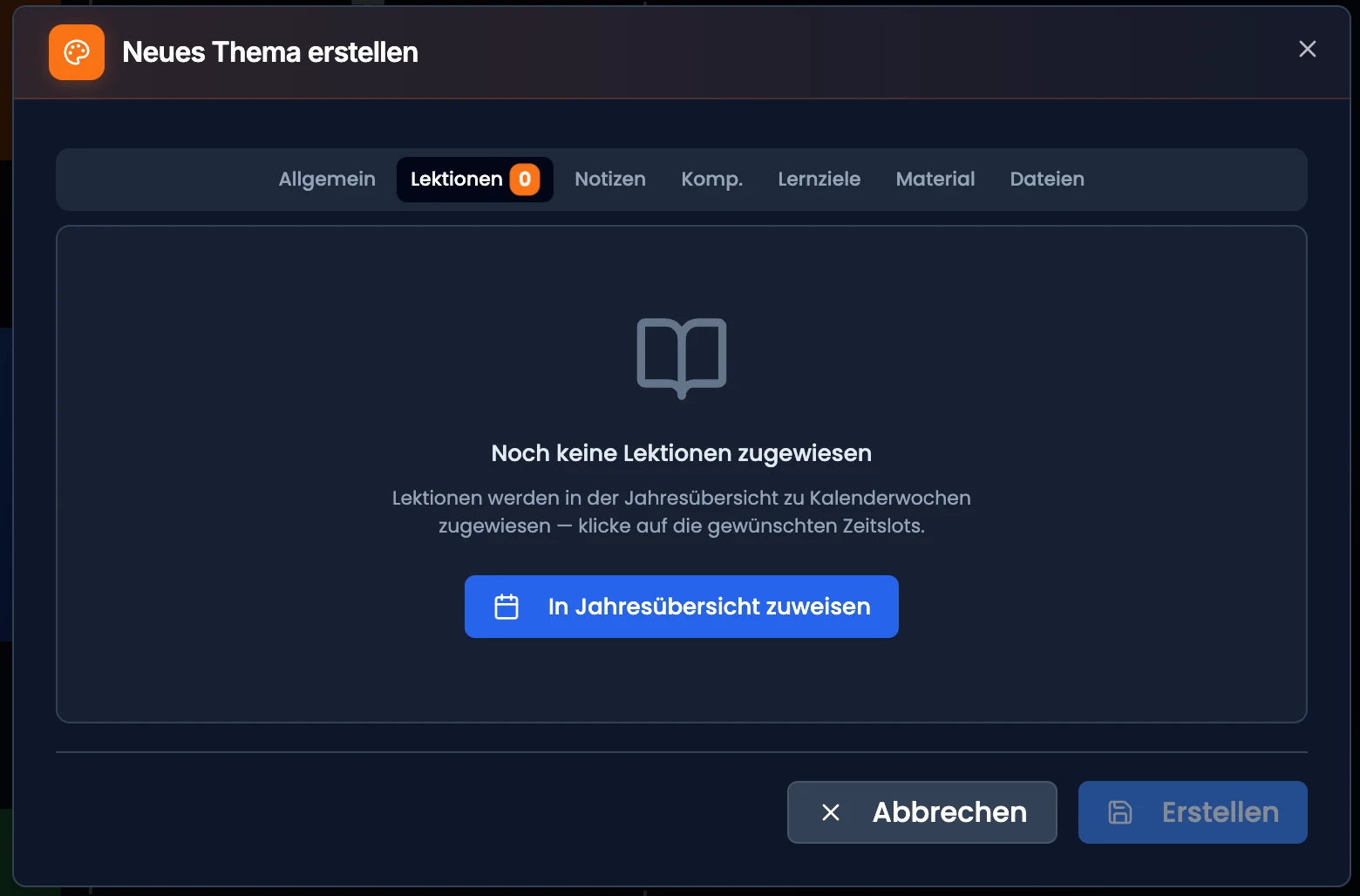 Tab «Lektionen» im Leerzustand mit dem Hinweis «Noch keine Lektionen zugewiesen»