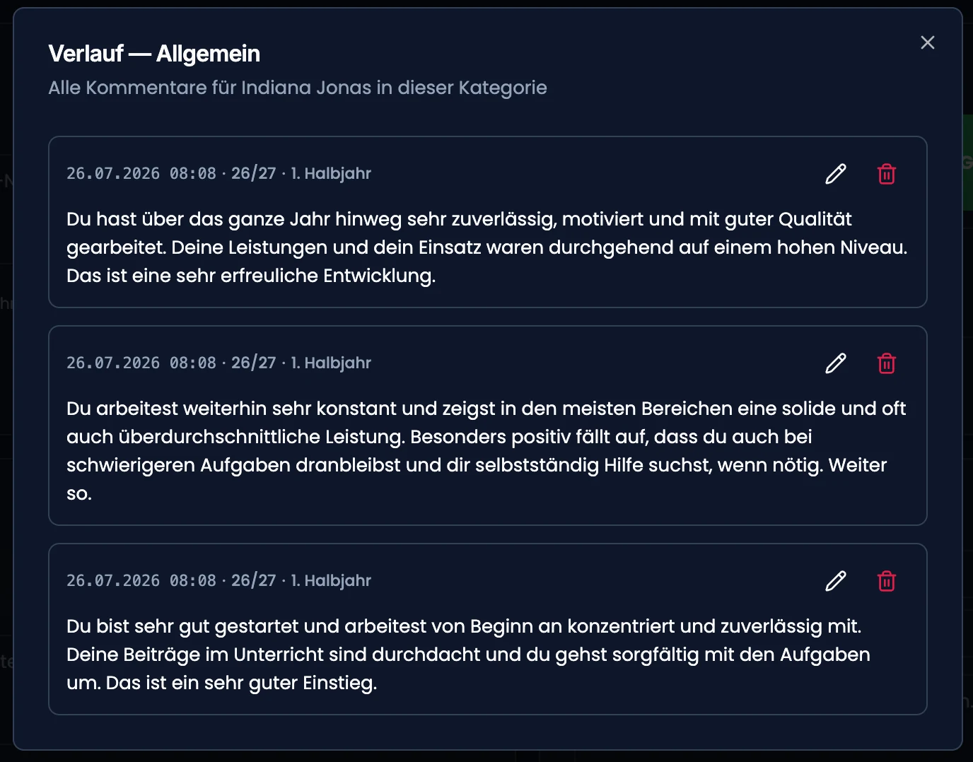 Verlauf-Fenster einer Kommentar-Kategorie mit datierten Einträgen