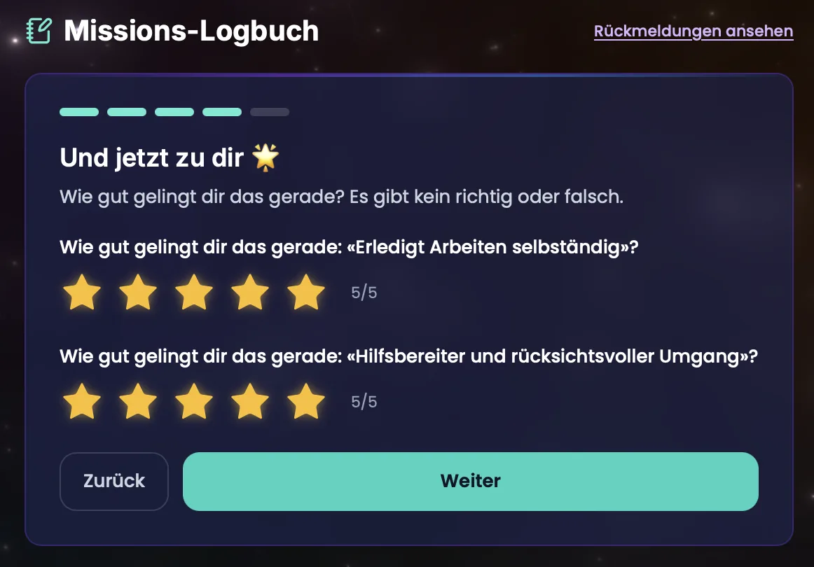 Check-in-Schritt «Und jetzt zu dir» mit zwei Kompetenz-Fragen und Sterne-Eingabe