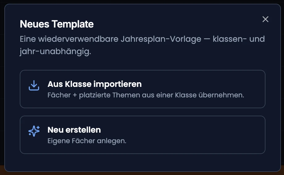 Dialog «Neues Template» mit den Wegen «Aus Klasse importieren» und «Neu erstellen»