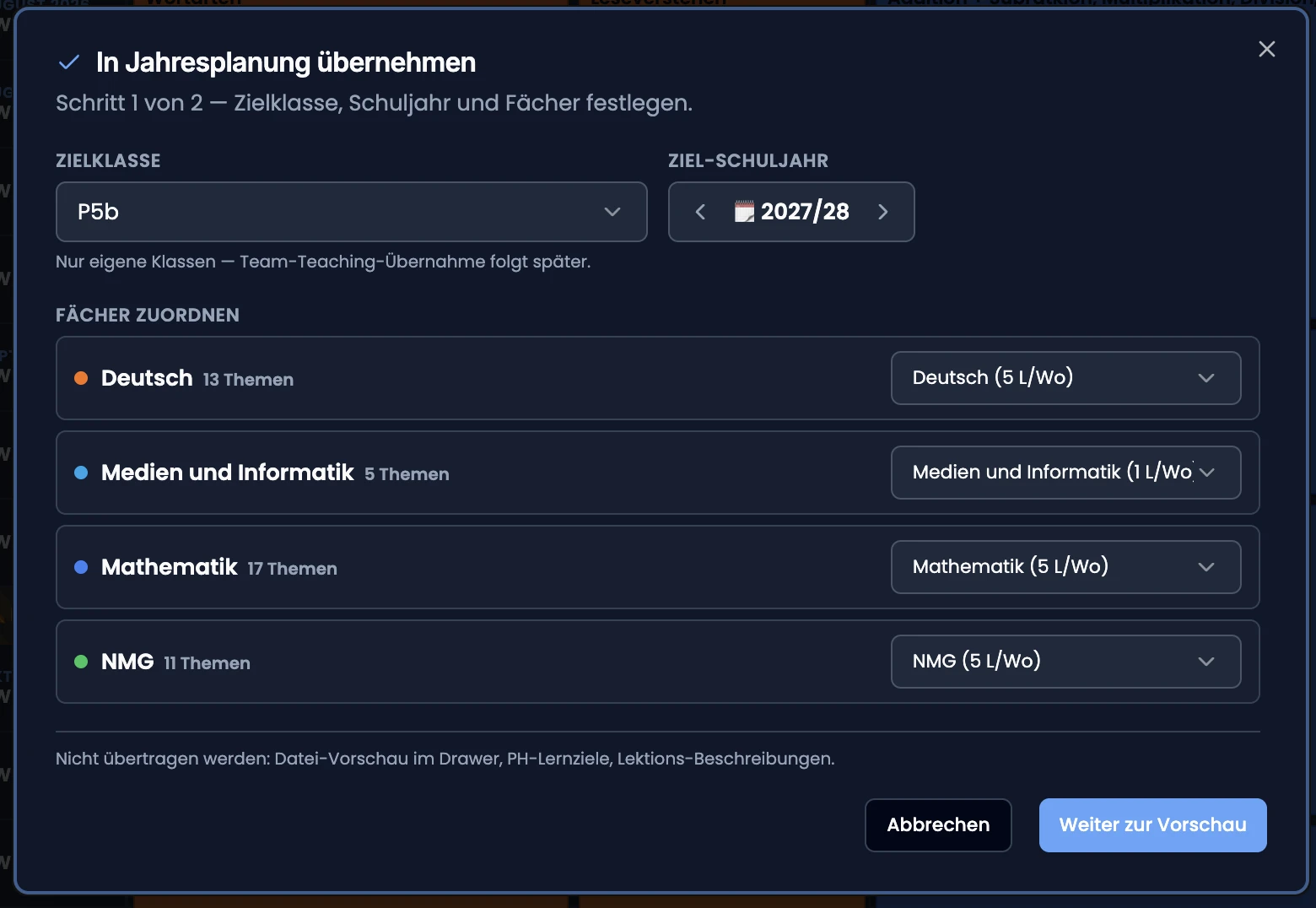 Übernahme Schritt 1 — Zielklasse, Schuljahr und Fach-Zuordnung, Button «Weiter zur Vorschau»