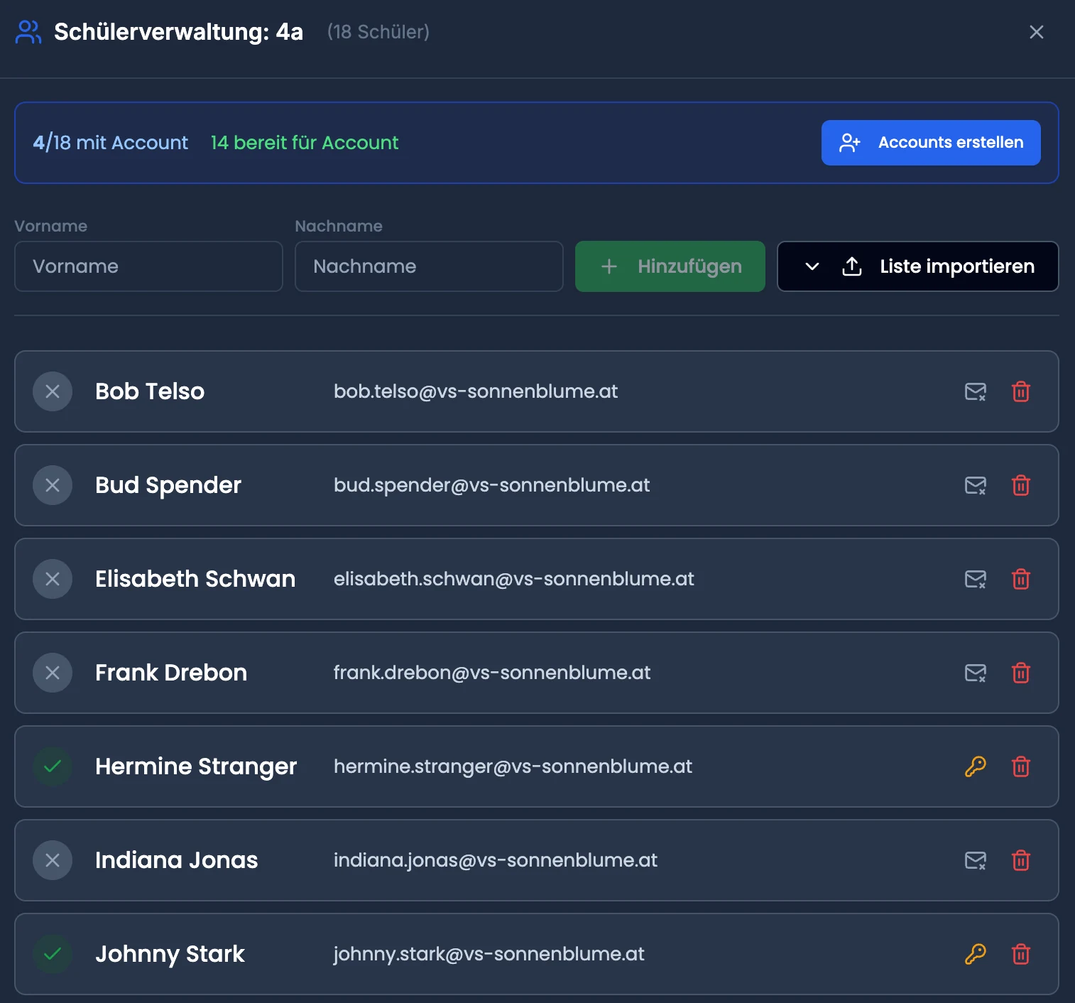 Schülerverwaltung mit Account-Status je Kind