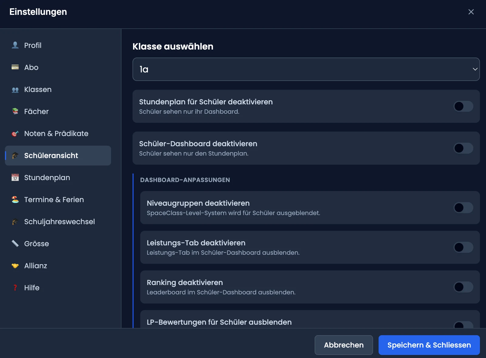 Einstellungen-Panel «Schüleransicht» mit Klassen-Dropdown und Bereichs-Schaltern