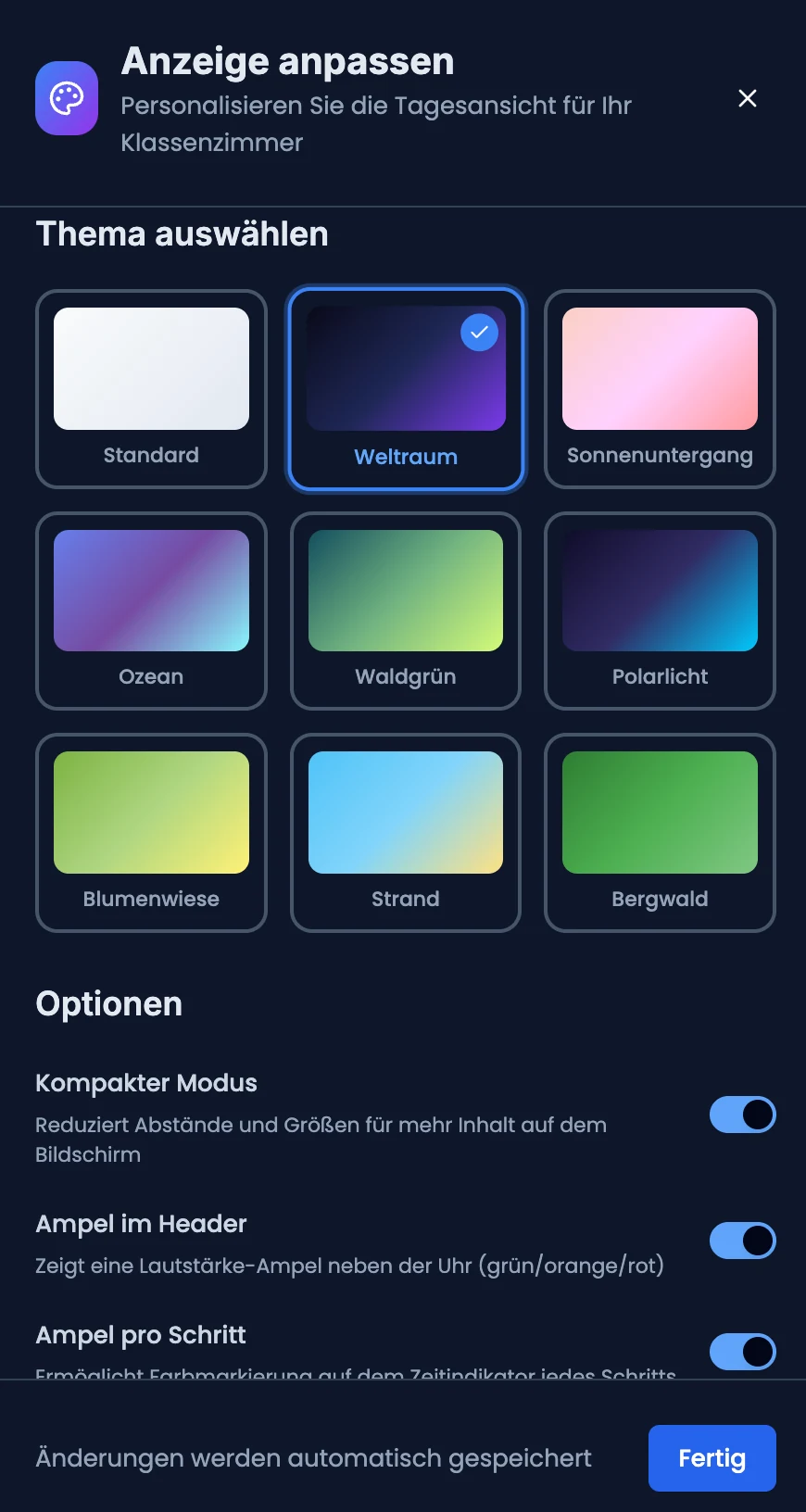 Anpassungs-Panel im Reiter «Design» mit Theme-Vorschaukacheln und Optionen-Schaltern