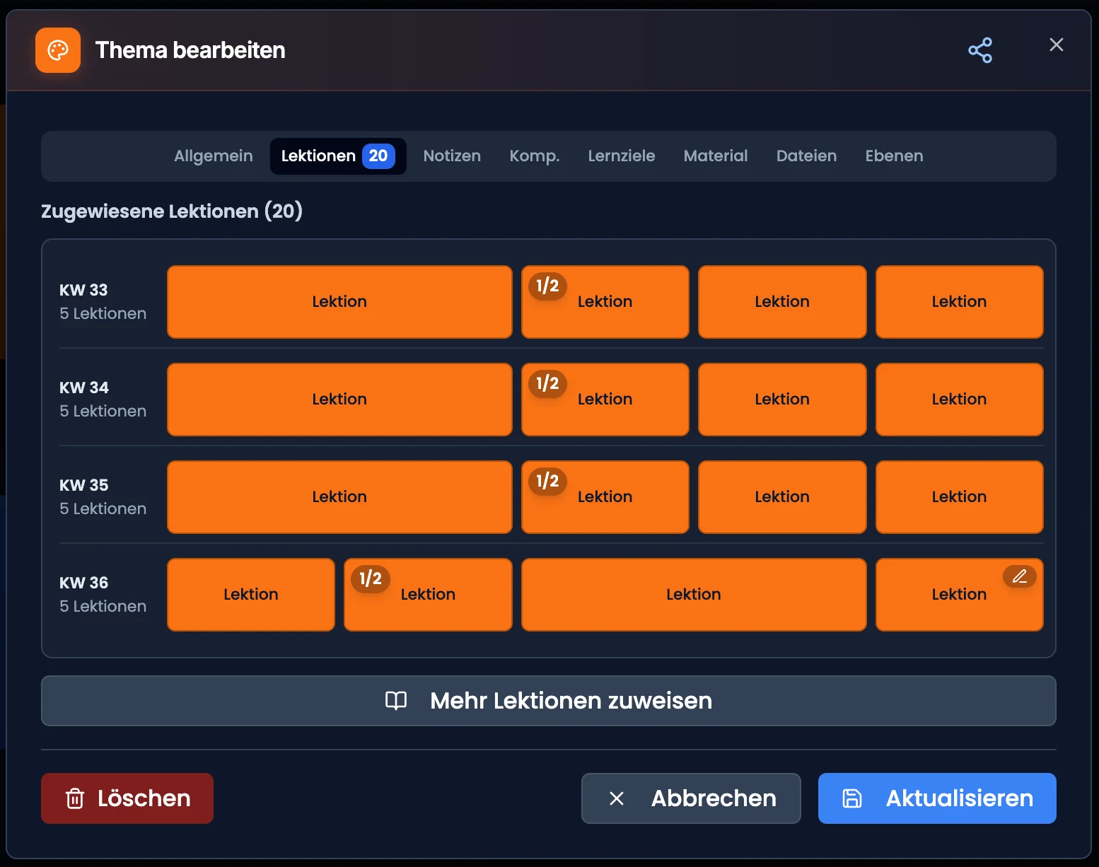 Tab «Lektionen» mit Wochenzeilen und farbigen Lektions-Kacheln