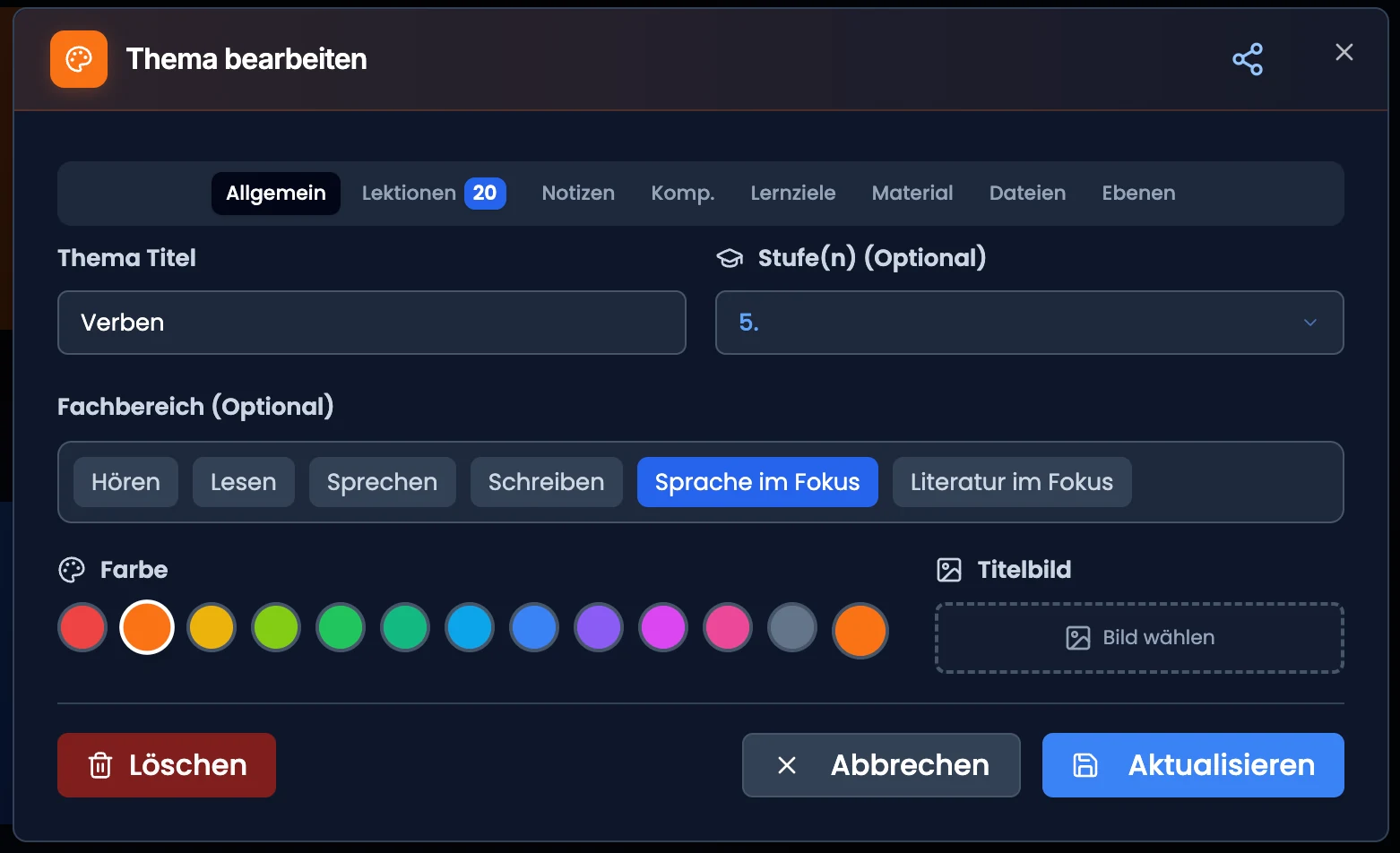 Themenfenster im Tab «Allgemein» mit Titel, Stufe und gewählter Farbe