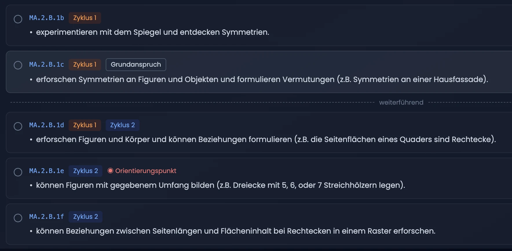 Lehrplan-21-Baum in Mathematik: Stufe mit Badge «Grundanspruch», Linie «weiterführend» und rot markierter Orientierungspunkt