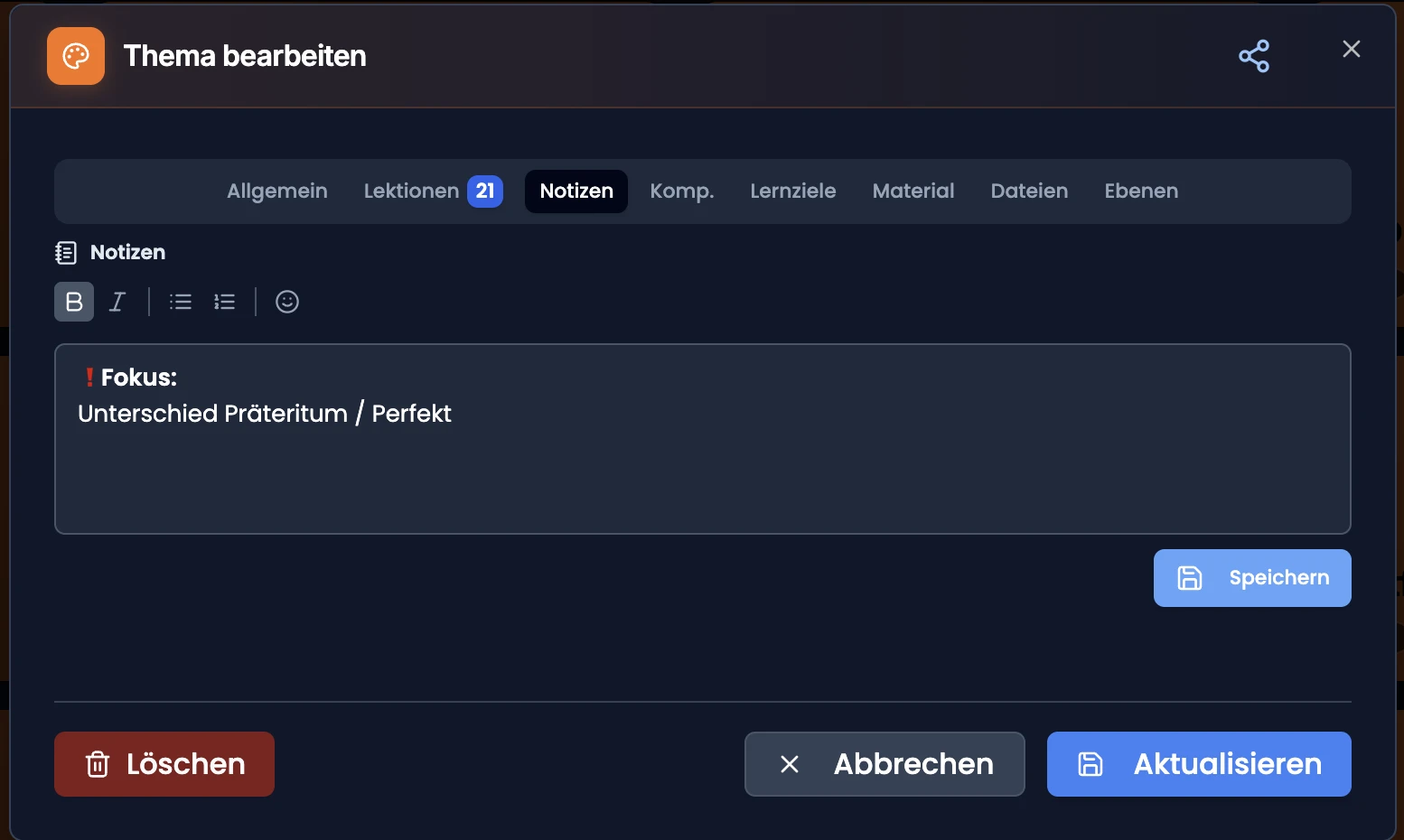 Tab «Notizen» im Themenfenster mit Format- und Emoji-Leiste, Beispielnotiz und eigenem Speichern-Knopf