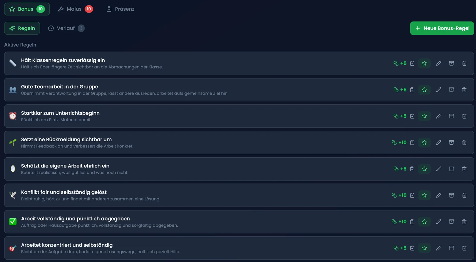 Bonus-Tab mit mehreren aktiven Regeln samt Emoji, Titel und Goldbetrag
