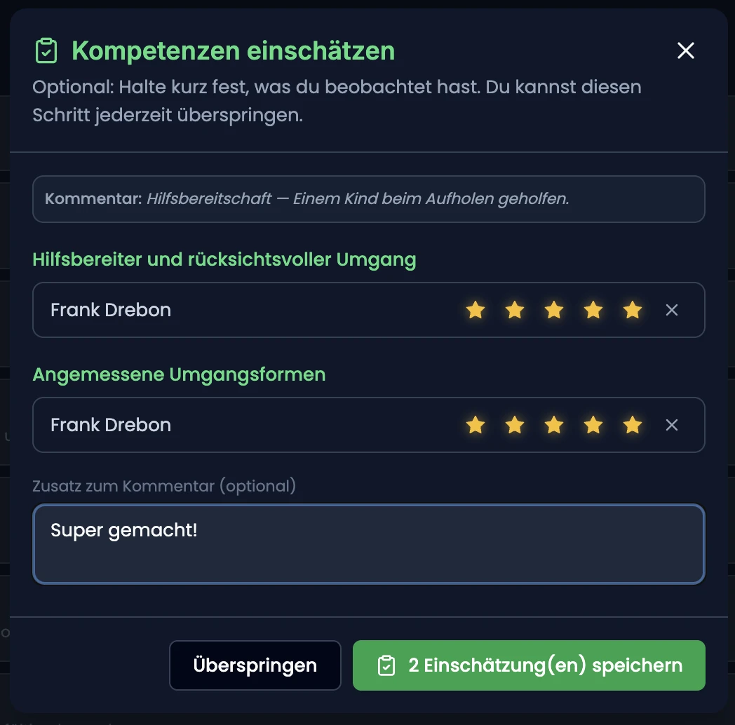 Dialog «Kompetenzen einschätzen» nach der Bonus-Vergabe — zwei Kompetenzen mit Sterne-Reihe, Überspringen und Speichern