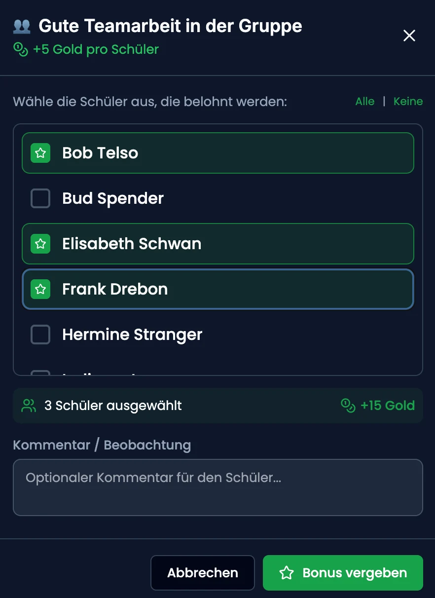 Vergabe-Fenster einer Bonus-Regel mit angehakten Schülernamen